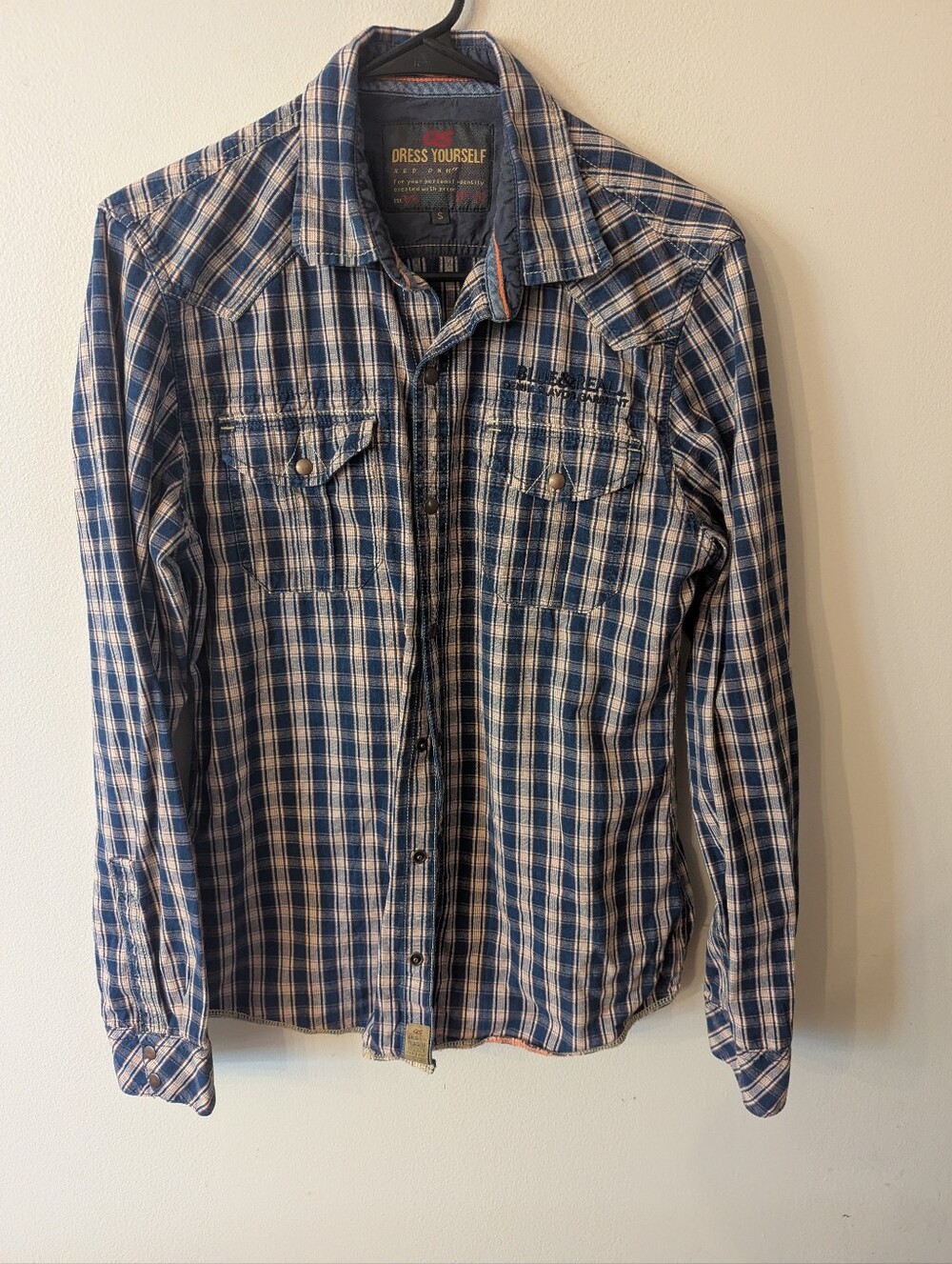 DRESS YOURSELF Blue & Tan Deni Flavor Garment Plaid Pearl Snap Shirt Men's S